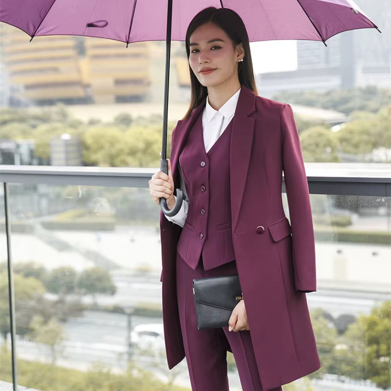 New Fall Winter Women Coat Set Elegant Slim Business Office Long Blazers Vest Pants Suit Work Wear Windbreaker