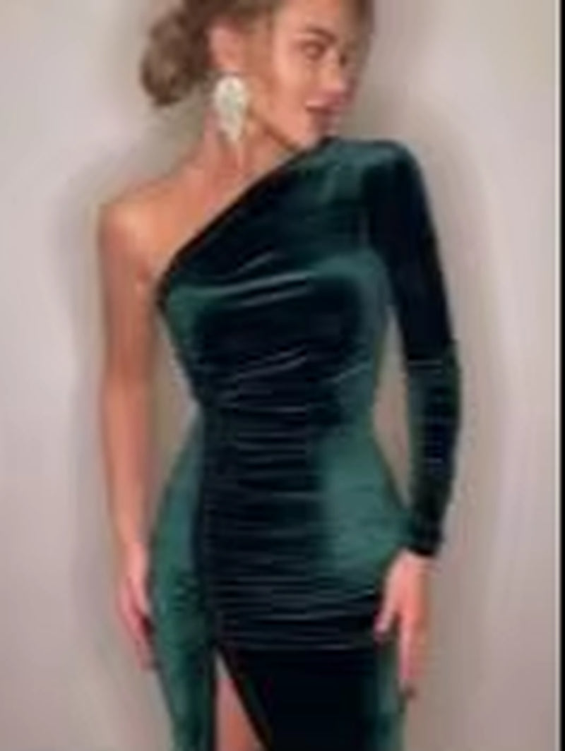 Solid Long Sleeve One Shoulder Ruched Slit Velvet Midi Dress Bodycon Sexy Party Club Elegant Evening Christmas 2021 Fall