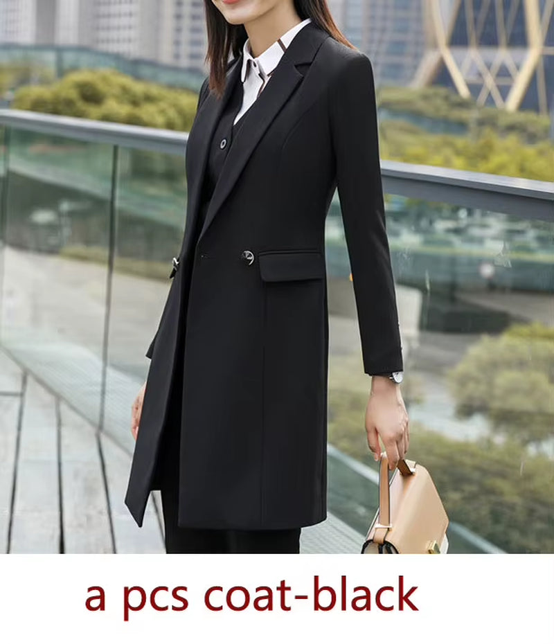 New Fall Winter Women Coat Set Elegant Slim Business Office Long Blazers Vest Pants Suit Work Wear Windbreaker