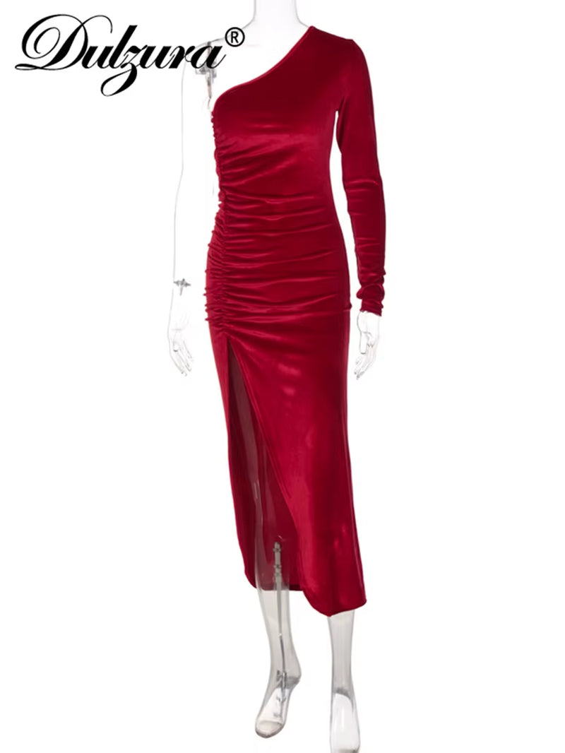Solid Long Sleeve One Shoulder Ruched Slit Velvet Midi Dress Bodycon Sexy Party Club Elegant Evening Christmas 2021 Fall