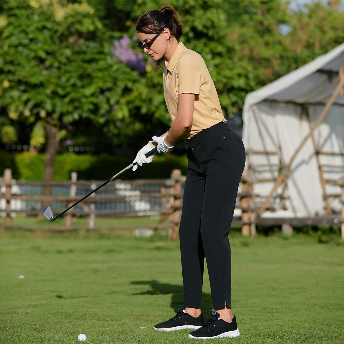 Women Pro Golf Pants Flat Front Lightweight Breathable Straight Ankle Pants with Zipper Pockets (Black-M