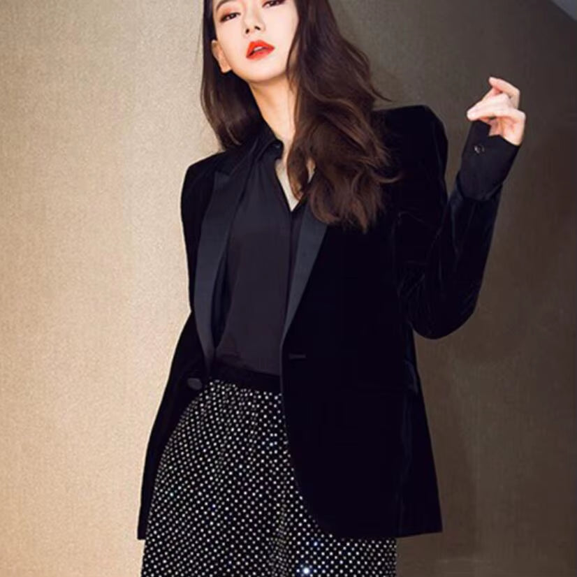 Women Velvet Blazer Coat Tops Black Jackets Autumn Fashion Office Lady Elegant Small Suit