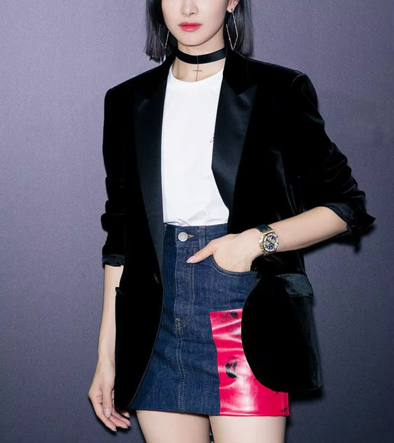 Women Velvet Blazer Coat Tops Black Jackets Autumn Fashion Office Lady Elegant Small Suit