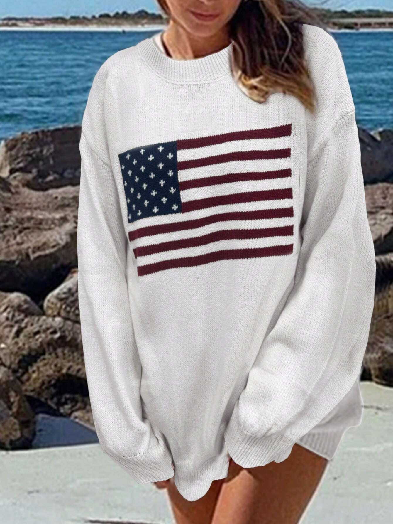 Chiquease Usa Flag Design Drop Shoulder Sweater,Long Sleeve Tops