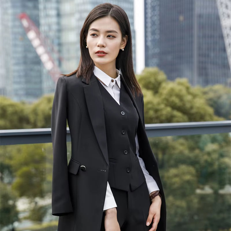 New Fall Winter Women Coat Set Elegant Slim Business Office Long Blazers Vest Pants Suit Work Wear Windbreaker