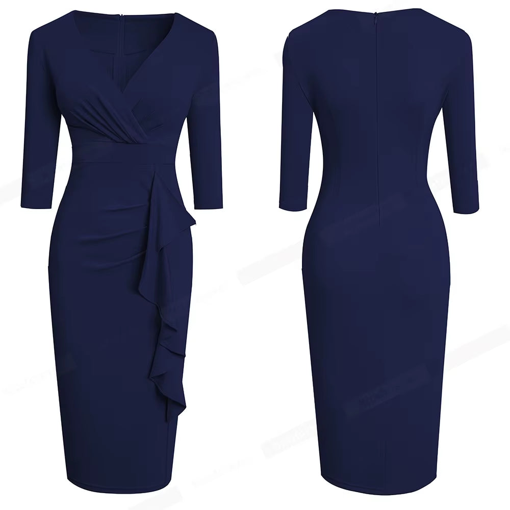 Nice-Forever Spring Women Sexy V-Neck Solid Color Peplum Dresses Business Formal Elegant Bodycon Slim Dress B693