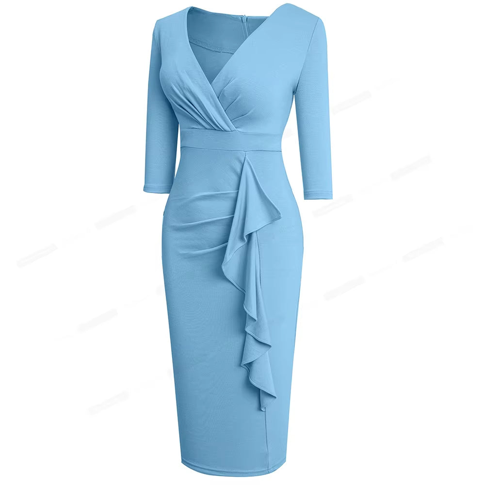 Nice-Forever Spring Women Sexy V-Neck Solid Color Peplum Dresses Business Formal Elegant Bodycon Slim Dress B693
