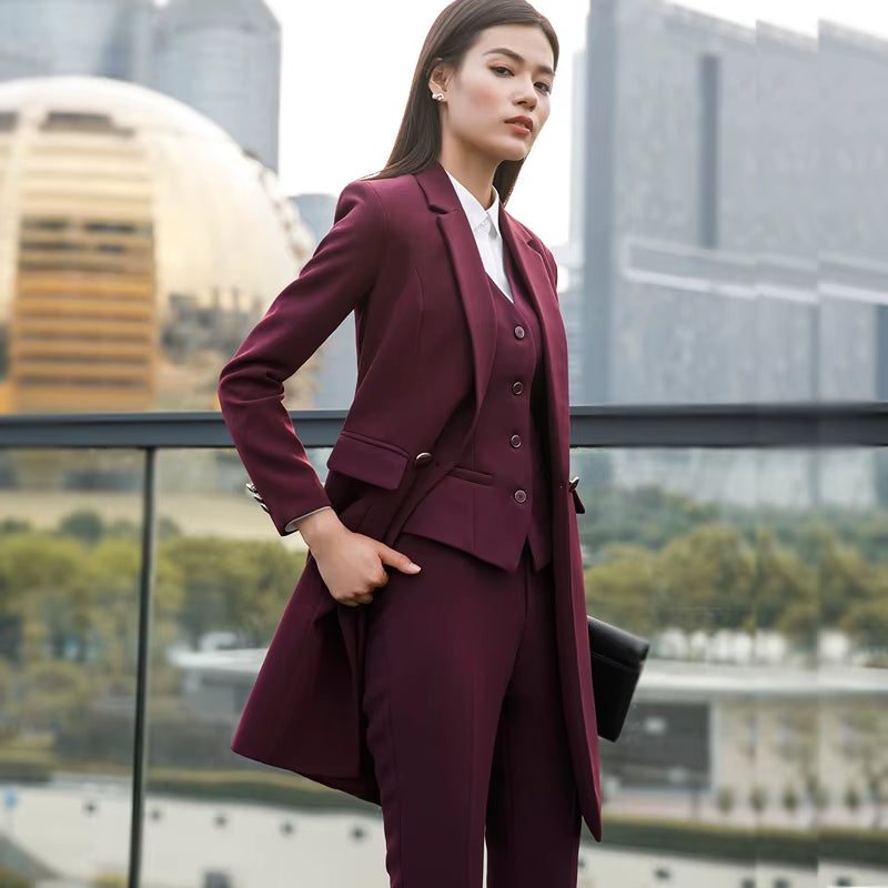 New Fall Winter Women Coat Set Elegant Slim Business Office Long Blazers Vest Pants Suit Work Wear Windbreaker