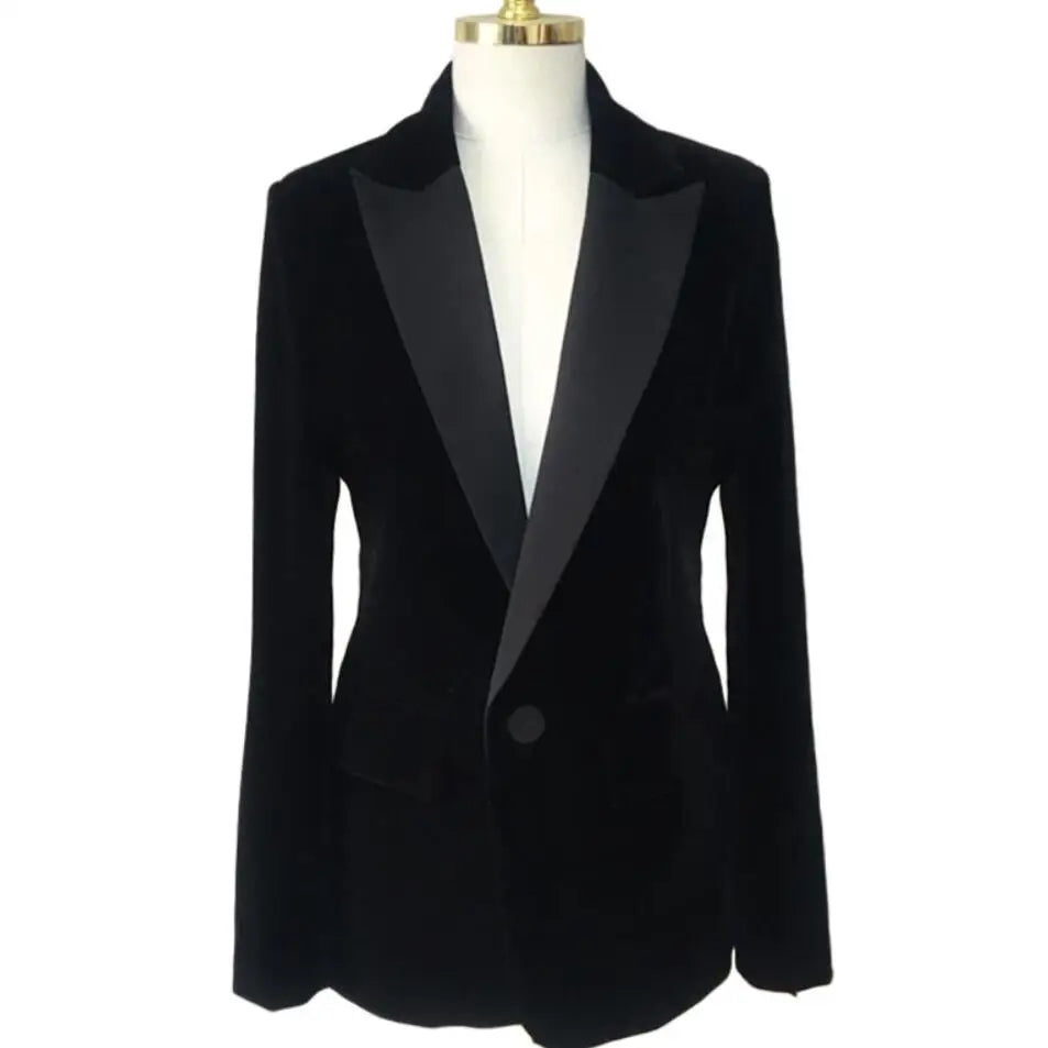 Women Velvet Blazer Coat Tops Black Jackets Autumn Fashion Office Lady Elegant Small Suit