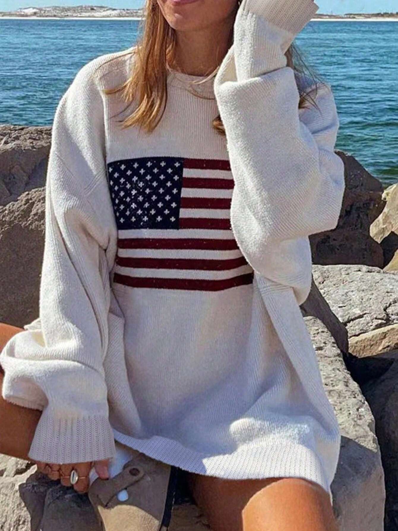 Chiquease Usa Flag Design Drop Shoulder Sweater,Long Sleeve Tops