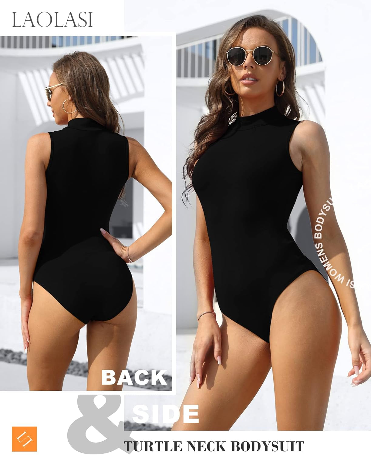 Women'S Turtle Neck Mock Neck Sleeveless Slim Fit Bodysuit Tops Jumpsuit