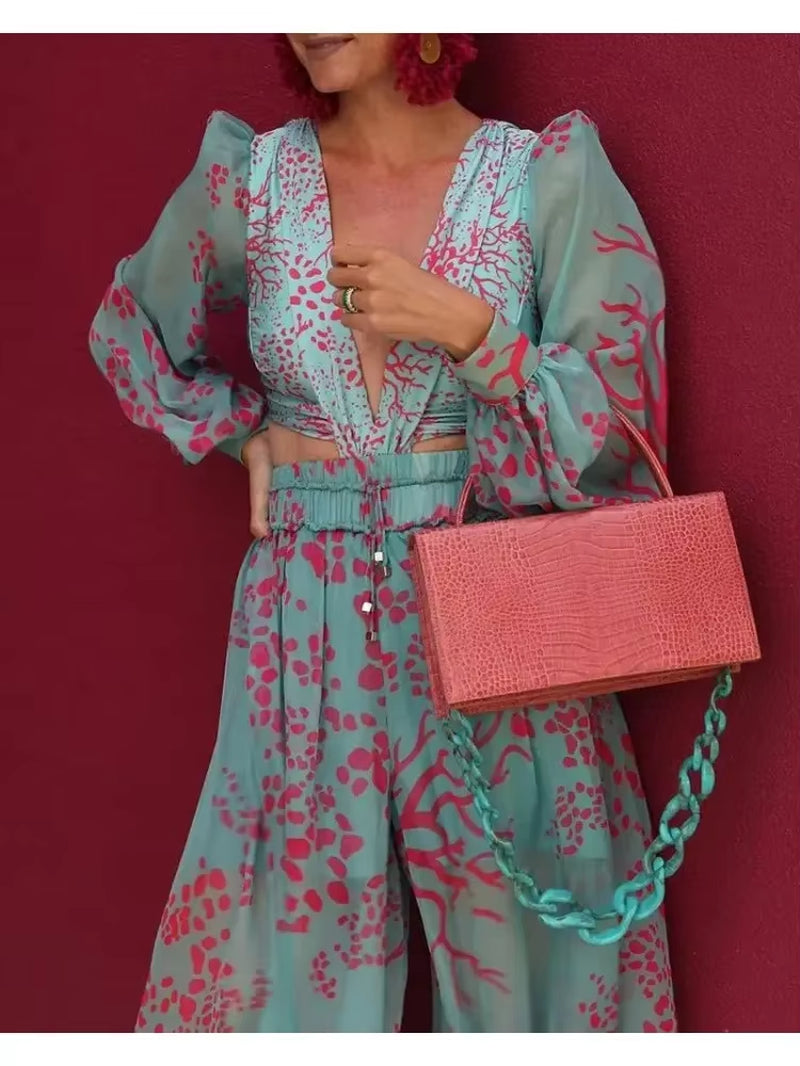 Elegant V-Neck Jumpsuit Women Spring Autumn Long Sleeve Loose Playsuit Overalls Woman Flower Print Pocket Rompers Wide Leg Pant
