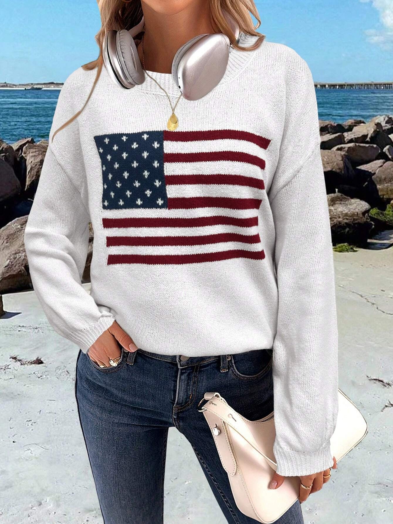 Chiquease Usa Flag Design Drop Shoulder Sweater,Long Sleeve Tops