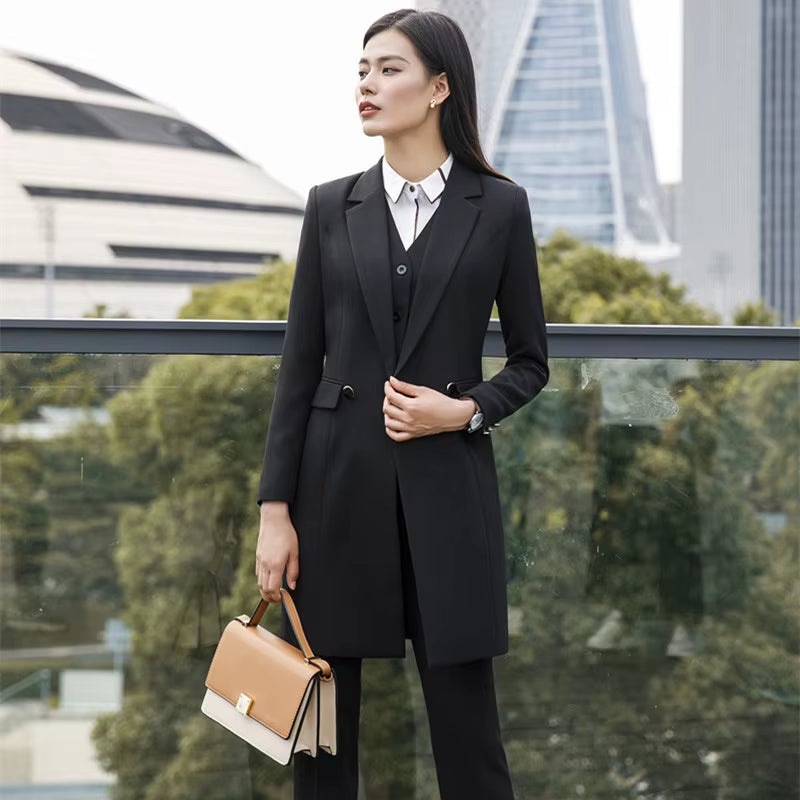 New Fall Winter Women Coat Set Elegant Slim Business Office Long Blazers Vest Pants Suit Work Wear Windbreaker