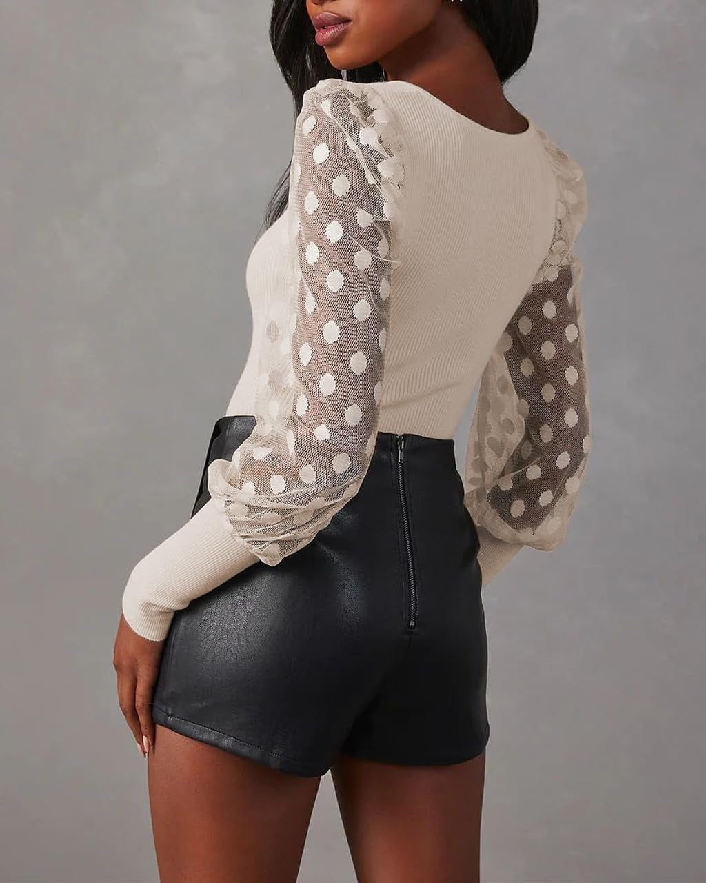 Womens Tops Square Neck Polka Dot Balloon Long Sleeve Top Shirts Slim Knit Ribbed Tops Blouses