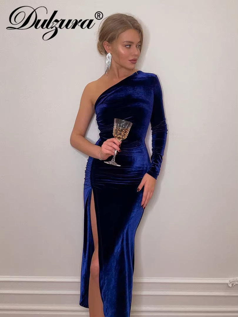 Solid Long Sleeve One Shoulder Ruched Slit Velvet Midi Dress Bodycon Sexy Party Club Elegant Evening Christmas 2021 Fall