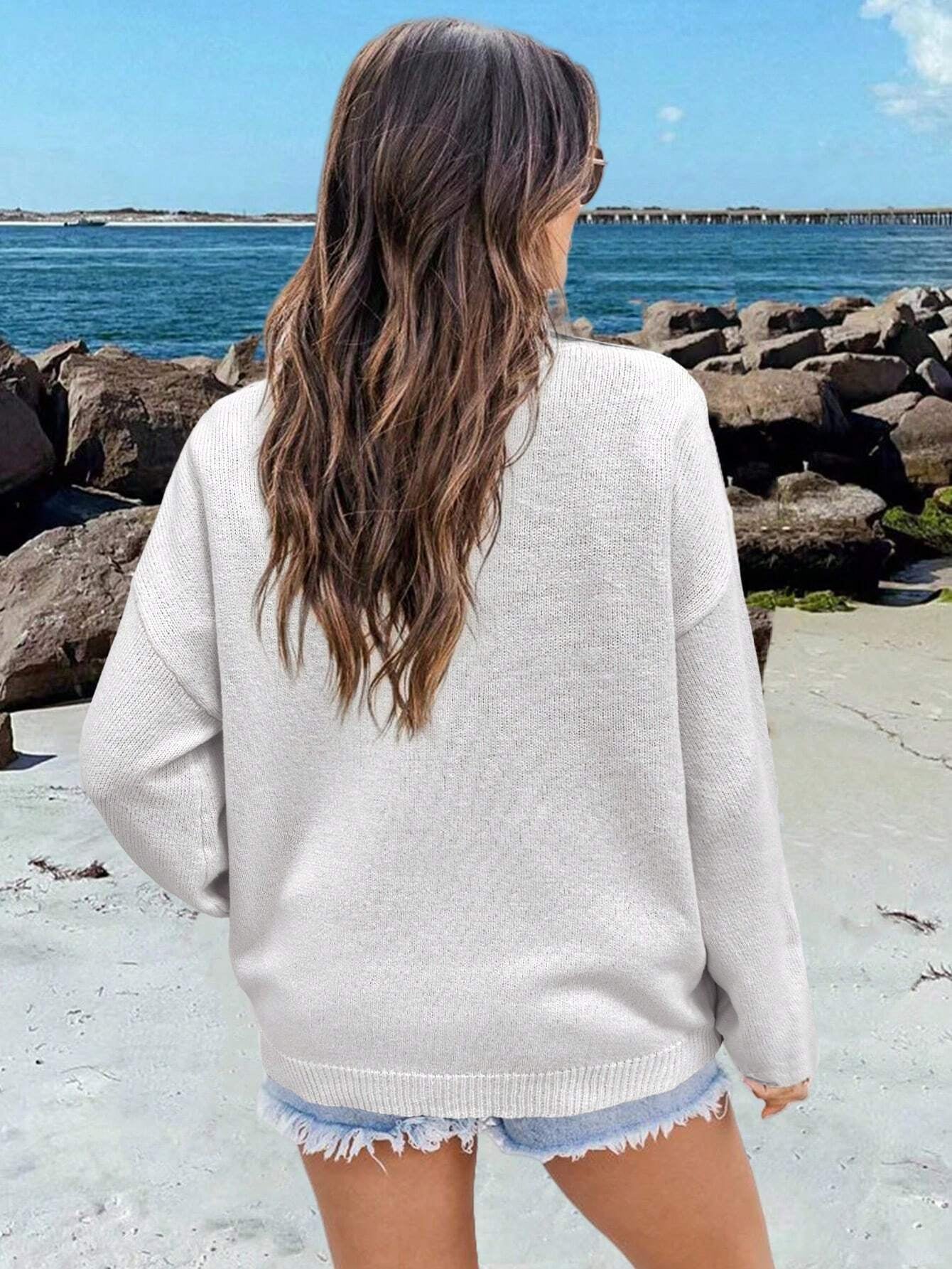 Chiquease Usa Flag Design Drop Shoulder Sweater,Long Sleeve Tops