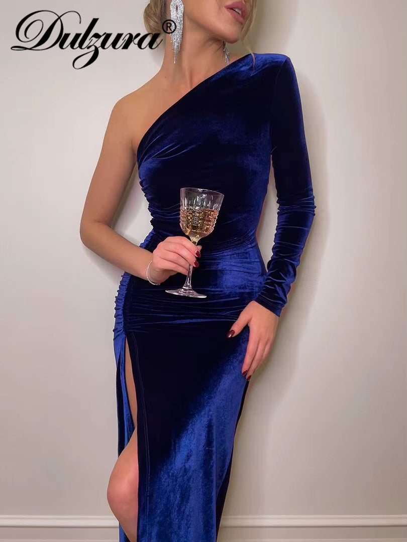 Solid Long Sleeve One Shoulder Ruched Slit Velvet Midi Dress Bodycon Sexy Party Club Elegant Evening Christmas 2021 Fall