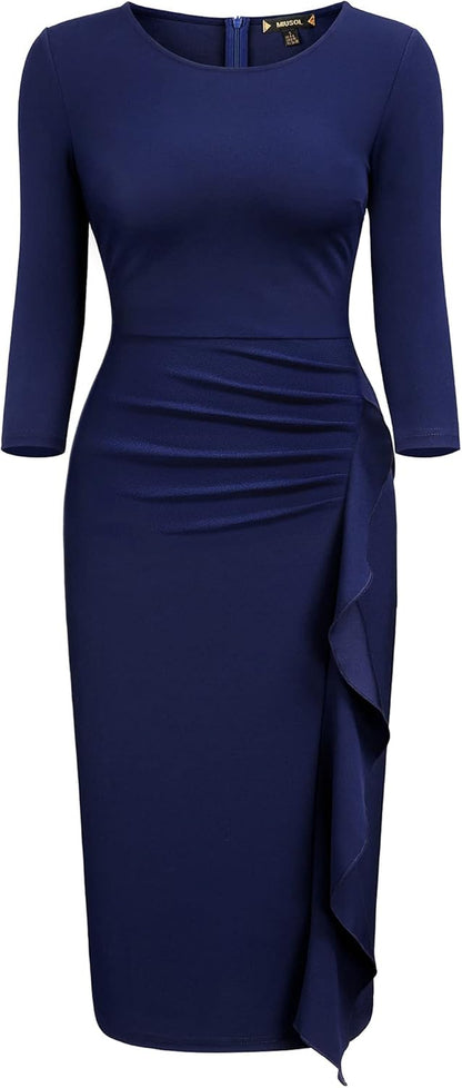 Women'S Business Retro Ruffles 2/3 Sleeve Cocktail Pencil Dress