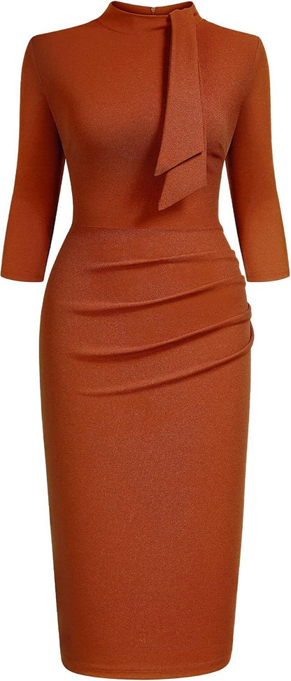 Women'S Retro Half Collar Ruffle 2/3 Sleeve Cocktail Pencil Dress