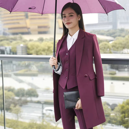 New Fall Winter Women Coat Set Elegant Slim Business Office Long Blazers Vest Pants Suit Work Wear Windbreaker