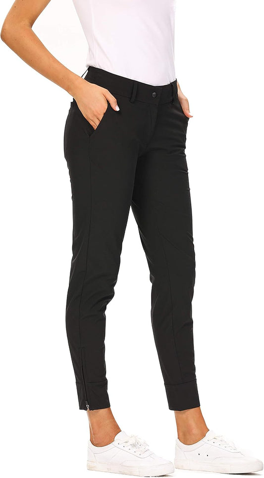 Women Pro Golf Pants Flat Front Lightweight Breathable Straight Ankle Pants with Zipper Pockets (Black-M
