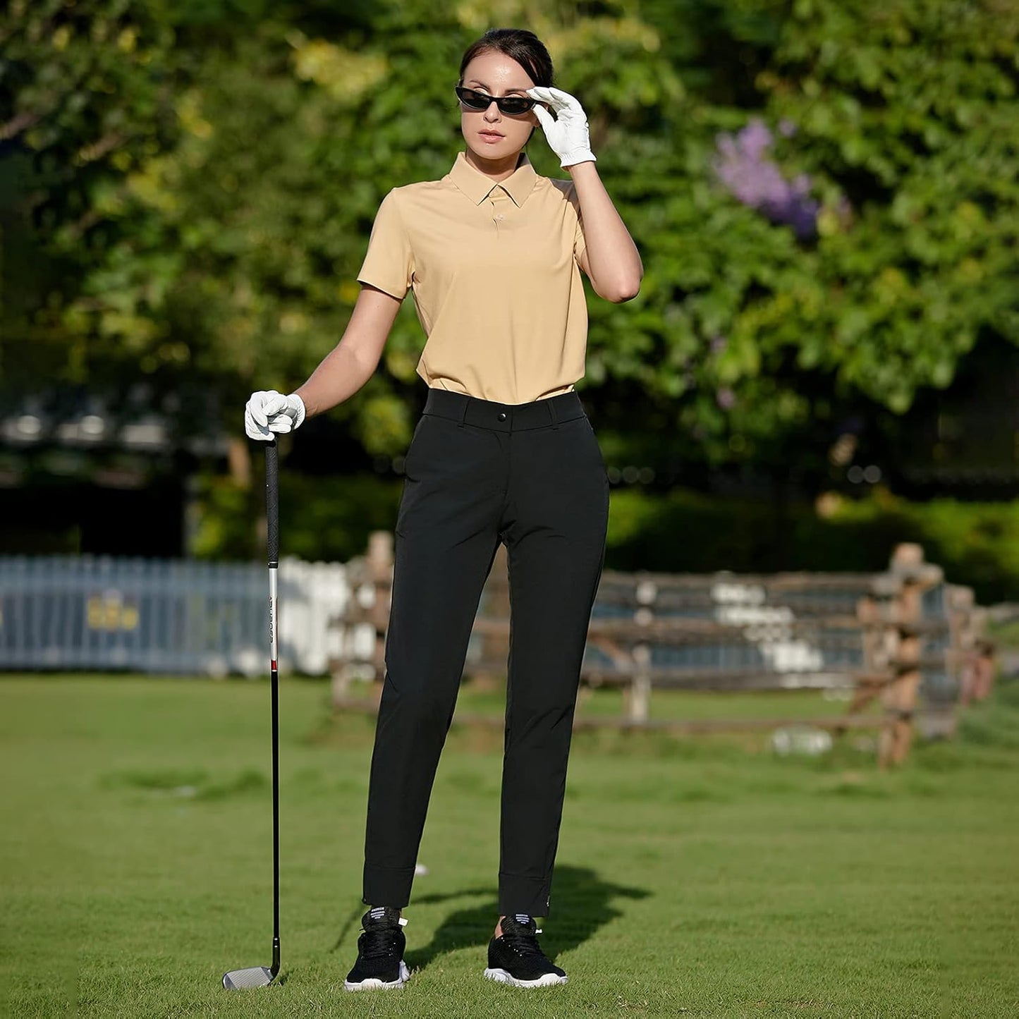 Women Pro Golf Pants Flat Front Lightweight Breathable Straight Ankle Pants with Zipper Pockets (Black-M