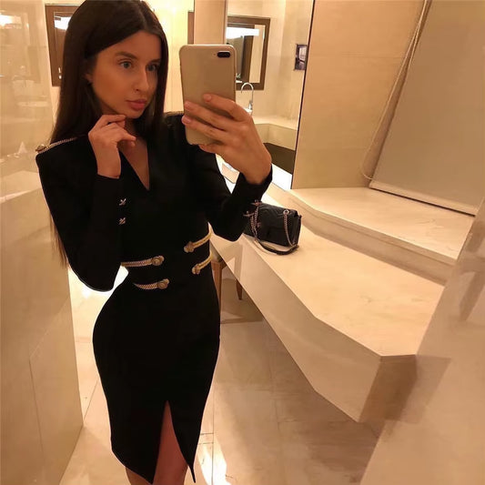 Winter Women'S Bandage Dress Long Sleeve Elegant Button Sexy Black Solid Casual Sexy Mini Evening Party Bodycon Dresses Outfits