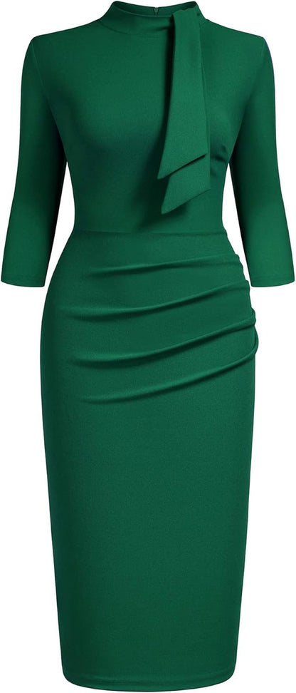 Women'S Retro Half Collar Ruffle 2/3 Sleeve Cocktail Pencil Dress