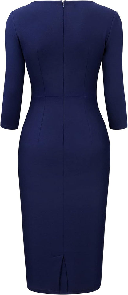Women'S Business Retro Ruffles 2/3 Sleeve Cocktail Pencil Dress