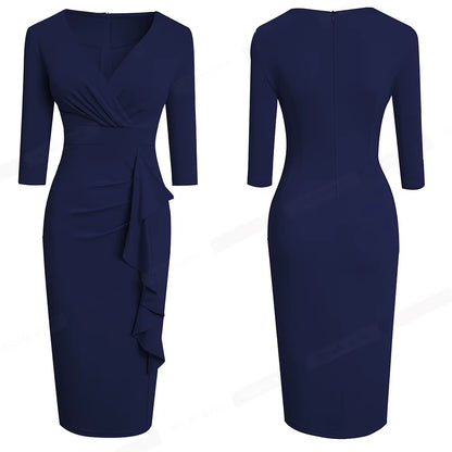 Nice-Forever Spring Women Sexy V-Neck Solid Color Peplum Dresses Business Formal Elegant Bodycon Slim Dress B693