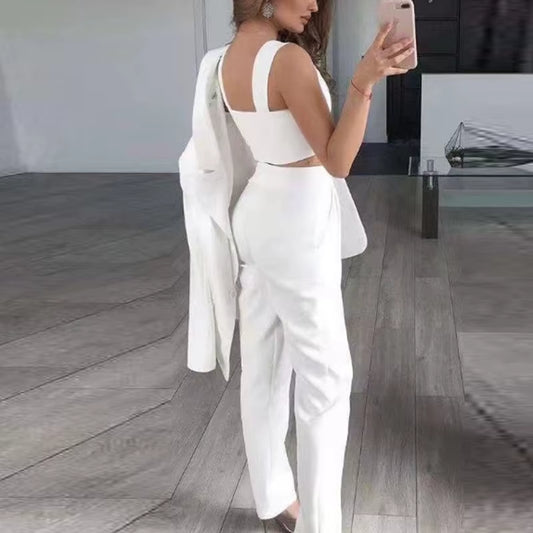 Woman Vintage Black Slim Fit Blazer 3 Pcs Suit Autumn Elegant Female Solid Matching Sets V-Neck Casual Office Three Piece Set