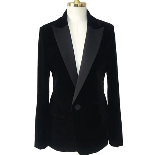 Women Velvet Blazer Coat Tops Black Jackets Autumn Fashion Office Lady Elegant Small Suit