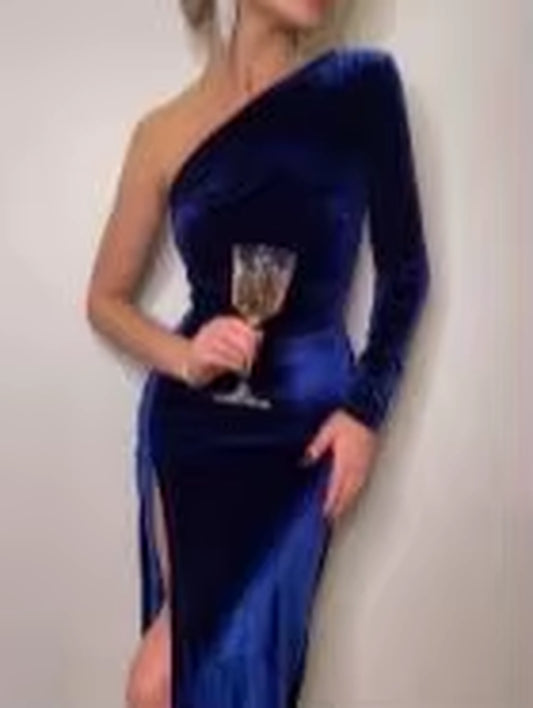 Solid Long Sleeve One Shoulder Ruched Slit Velvet Midi Dress Bodycon Sexy Party Club Elegant Evening Christmas 2021 Fall