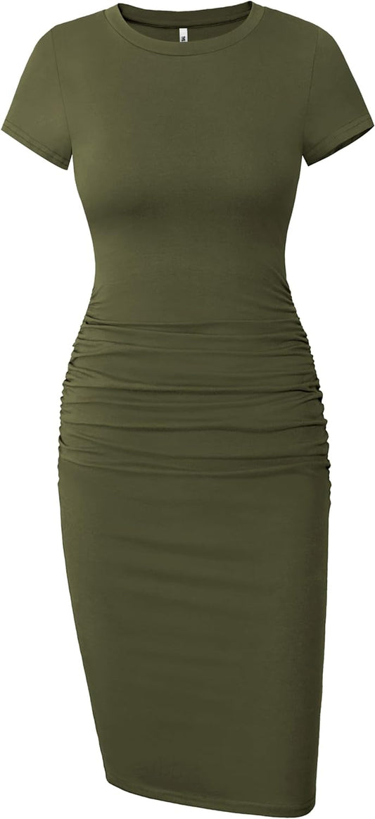 Women'S Short Sleeve Ruched Casual Sundress Midi Bodycon T Shirt Dress