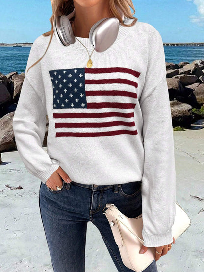 Chiquease Usa Flag Design Drop Shoulder Sweater,Long Sleeve Tops