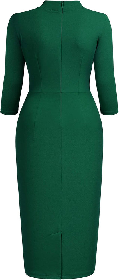 Women'S Retro Half Collar Ruffle 2/3 Sleeve Cocktail Pencil Dress